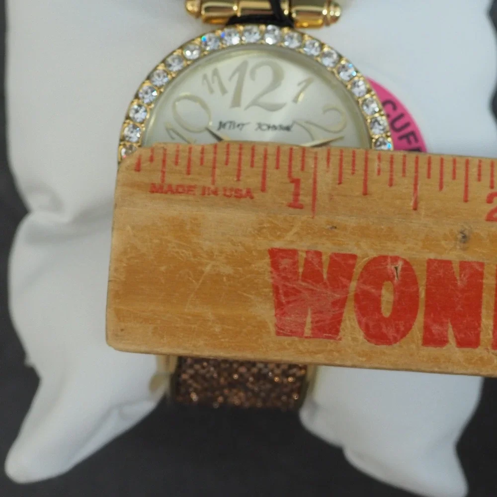 Betsey Johnson Watch Gold Glitter Cuff Rhinestone Bezel Glam Bling Statement